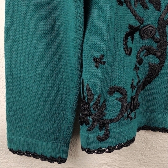 Arriviste Dark Green Embroidered Long Sleeve Button Front Cardigan Sweater - Picture 9 of 10